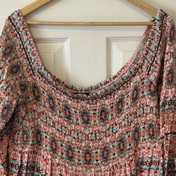Torrid 3X Mosaic Print Smocked Bell Sleeve Mini Dress Off Shoulder Boho Rayon - Picture 4 of 8